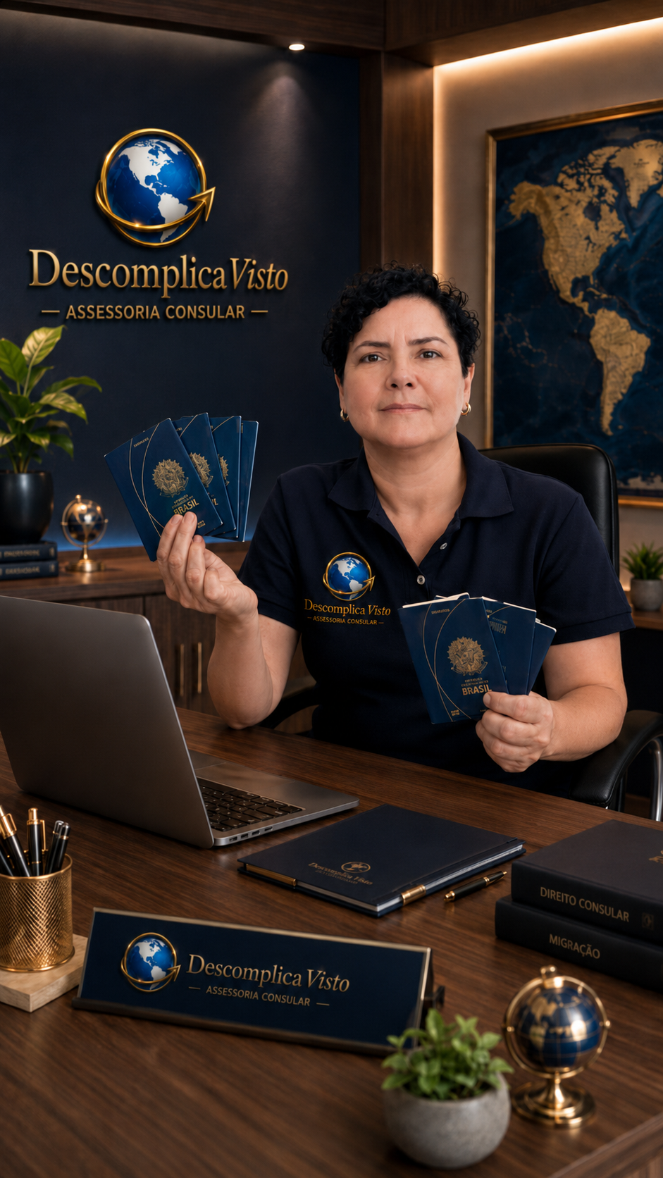 Isis Salles, especialista da Descomplica Visto, em seu escritório com passaportes